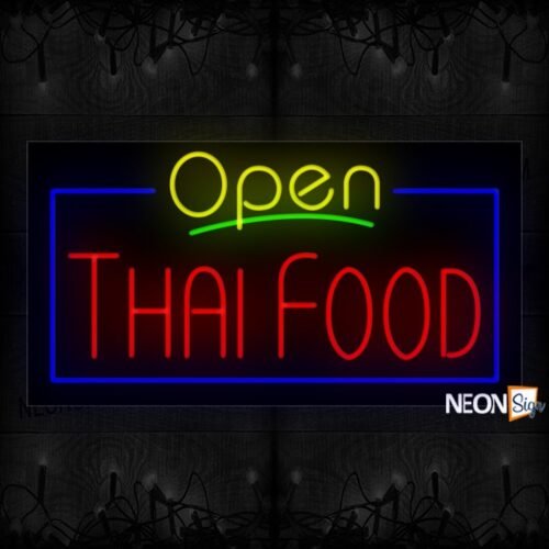 Image of 15440 Open Thai Food With Blue Border Neon Signs 37x20 Black Backing