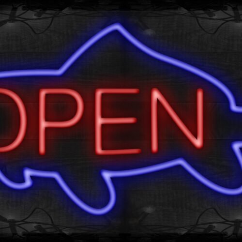 Image of Open in red inside blue fish border LED Flex