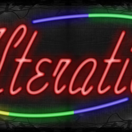 Image of Alterations in cursive red with colorful arc border LED Flex