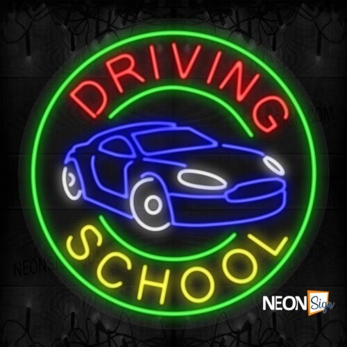 Image of Driving School with Car in Green Round Border LED Flex