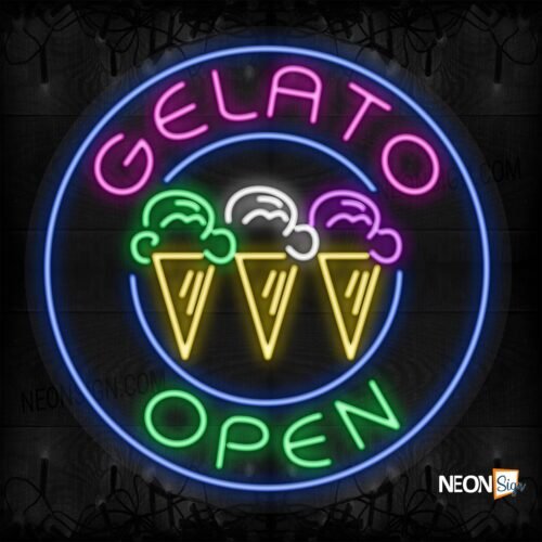 Gelato Open with logo and blue circle border LED Flex