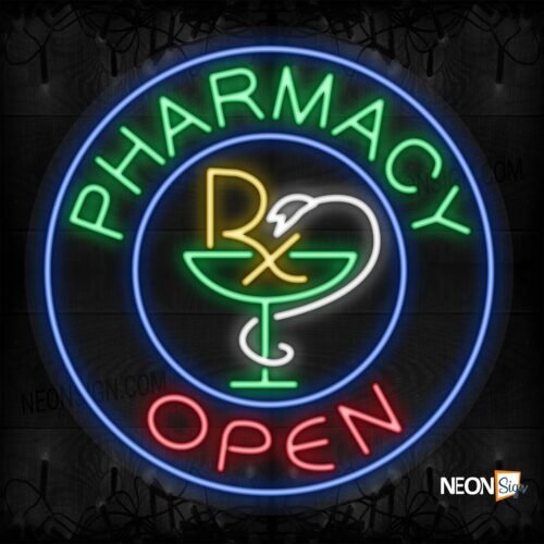 Pharmacy Open with logo and blue circle border LED Flex