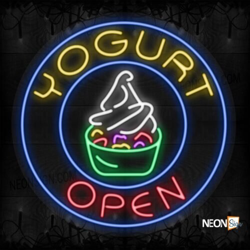 Yogurt Open with logo and blue circle border LED Flex