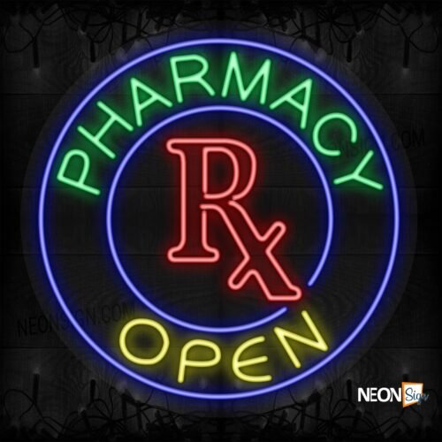 Pharmacy OPEN with Rx logo and blue circle border LED Flex
