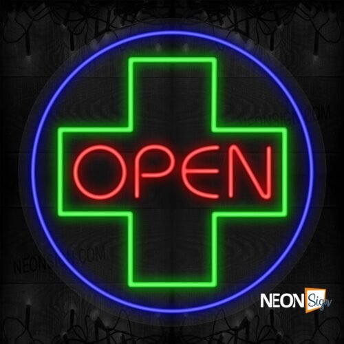 Open with Green Cross in Blue Round Border LED Flex