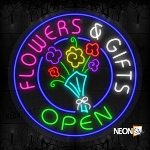 Flowers & Gifts Open with a Bouquet in Blue Round Border LED Flex