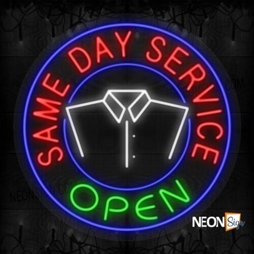 Same Day Service Open with Collared Shirt Blue Round Border LED Flex