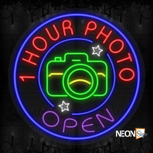 1 Hour Photo Open With Camera and Stars Blue Round Border LED Flex