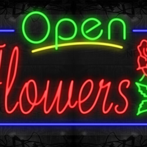 Open Flowers with Rose Image and Blue Border LED Flex Sign
