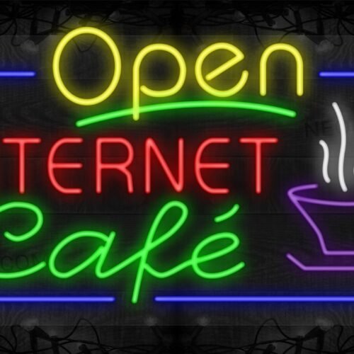 Open Internet Cafe with Cup of Coffee and Blue Border LED Flex Sign