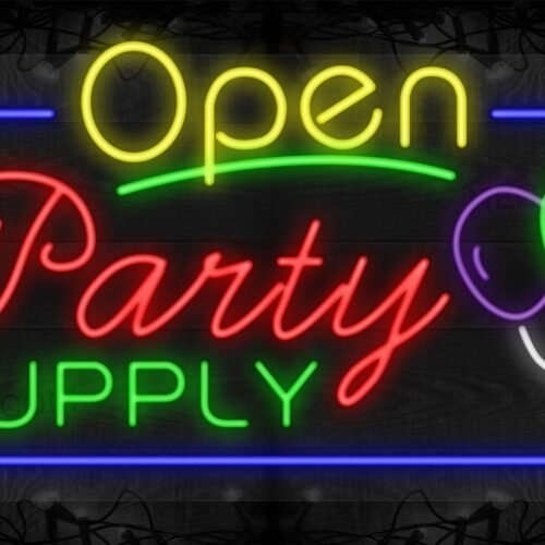 Open Party Supply with Balloon Image and Blue Border LED Flex Sign