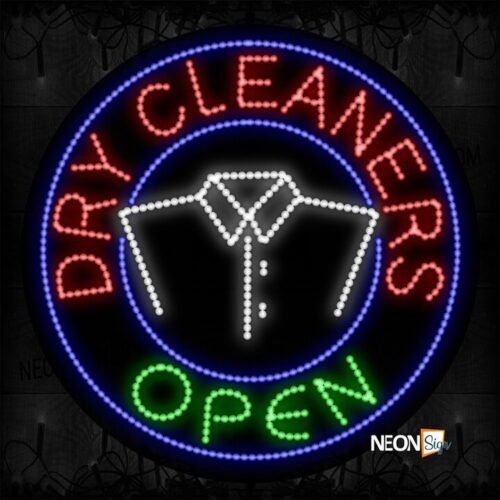 Dry Cleaners Open With Blue Border And Shirt LED Bulb