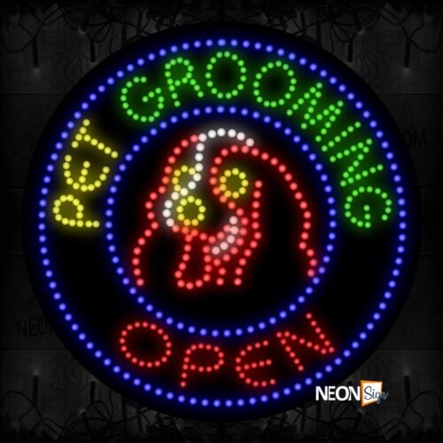 Round 'Pet Grooming Open' With Image And Blue Border LED Bulb