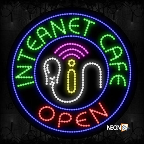 Internet Cafe Open With Blue Circle Border And Logo LED Bulb