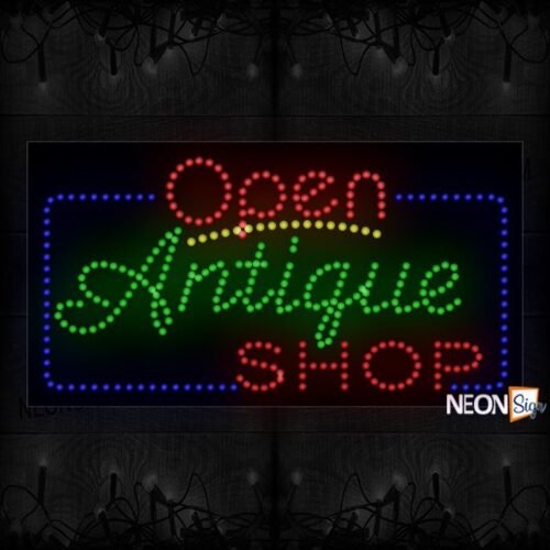 Open Antique Shop With Blue Border And Yellow Line LED Bulb