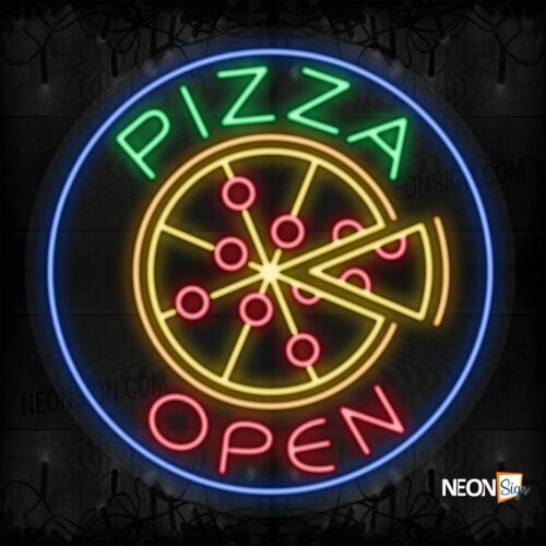 Pizza Open with logo and blue circle border LED Flex