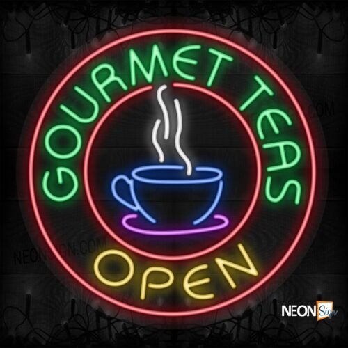 Gourmet Teas Open with cup logo and red circle border LED Flex