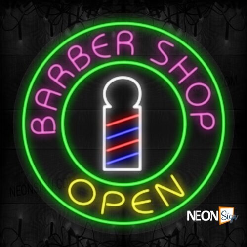 Barber Shop Open with Barber's Pole in Green Round Border LED Flex
