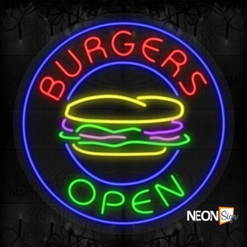 Burgers Open with Burger in Blue Round Border LED Flex
