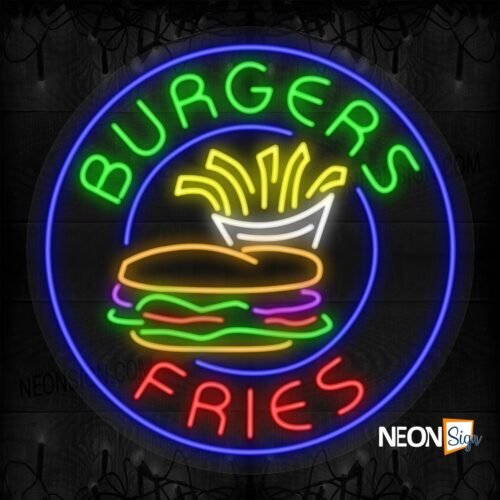 Burgers Fries with Burger and Fries in Blue Round Border LED Flex