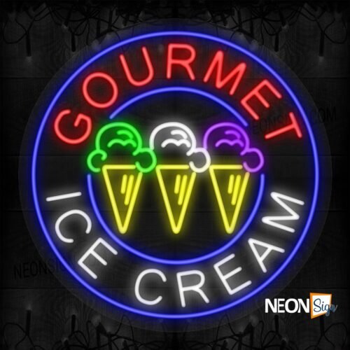 Gourmet Ice Cream with 3 Ice Cream in Cones Blue Round Border LED Flex