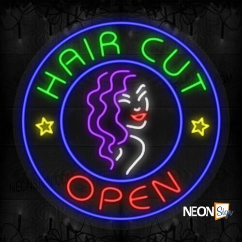 Haircut Open with Woman Blue Round Border LED Flex