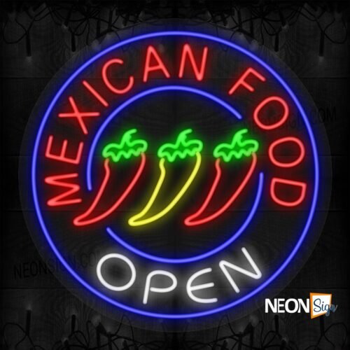 Mexican Food Open with 3 Chilis Blue Round Border  LED Flex