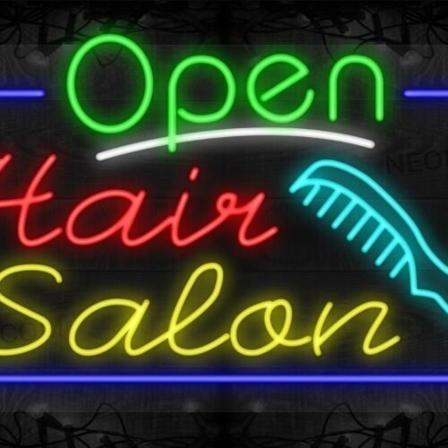 Open Hair Salon with Comb Image and Blue Border LED Flex SIgn