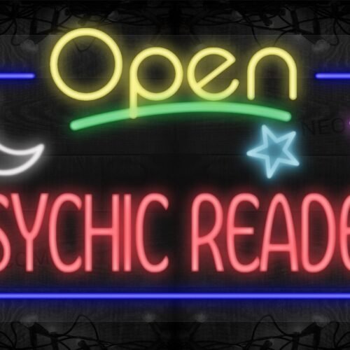 Open Psychic Reader with Moon and Star Images in Blue Border LED Flex Sign